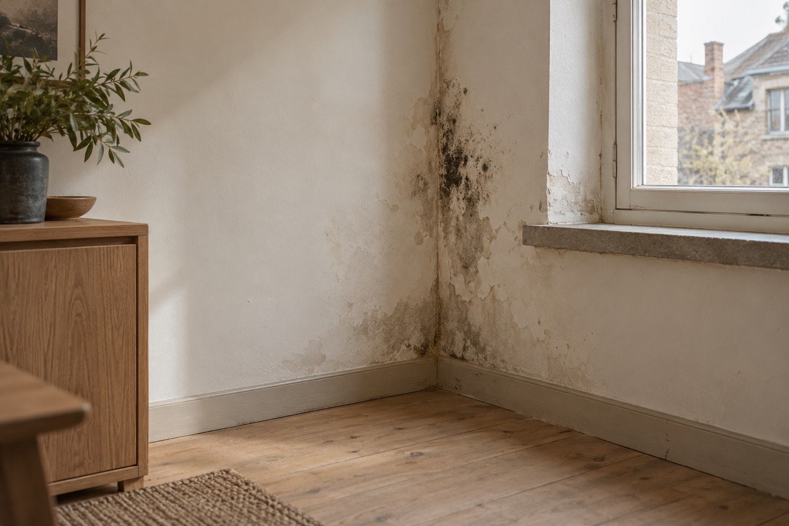 Inspection d’un mur présentant des traces d’humidité et de moisissures