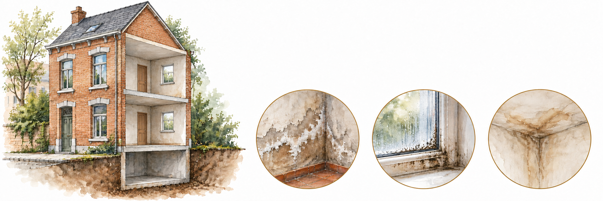 Maison belge en aquarelle avec coupe intérieure et cave enterrée ; détails de murs humides, condensation et infiltrations